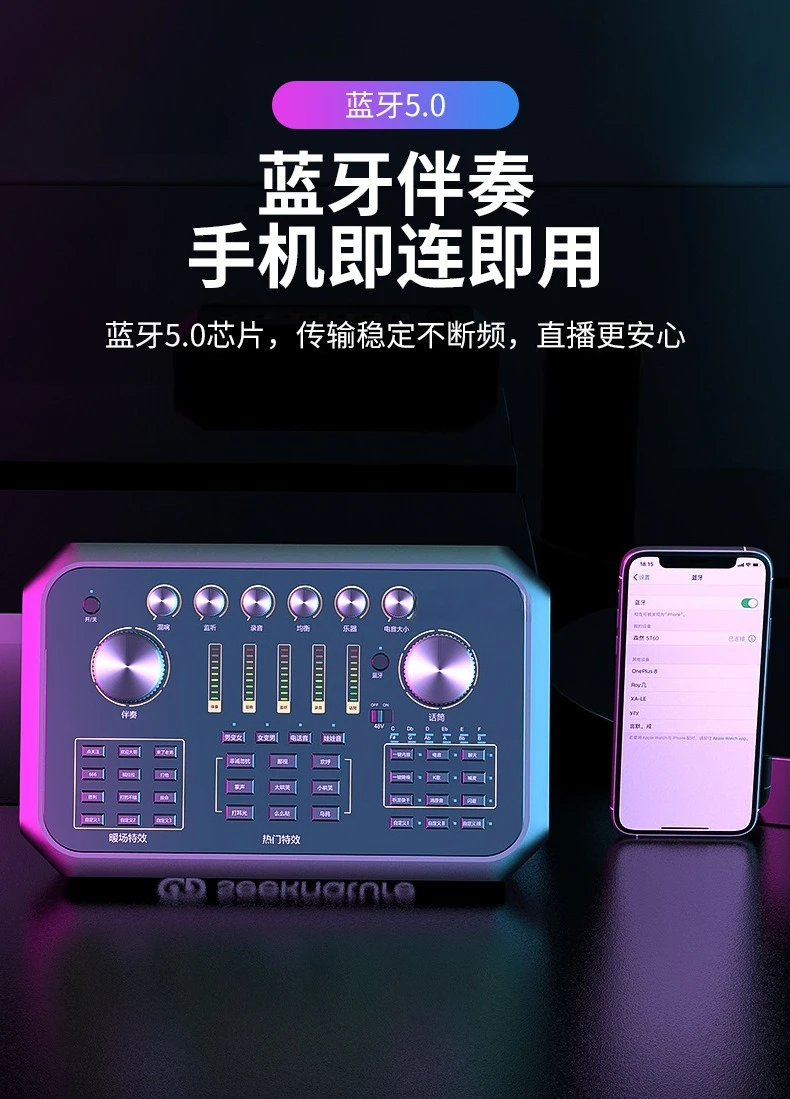 プロ仕様ライブ配信カラオケデスクトップサウンドカード、携帯電話/パソコンミキサー、デュアルマイク付き