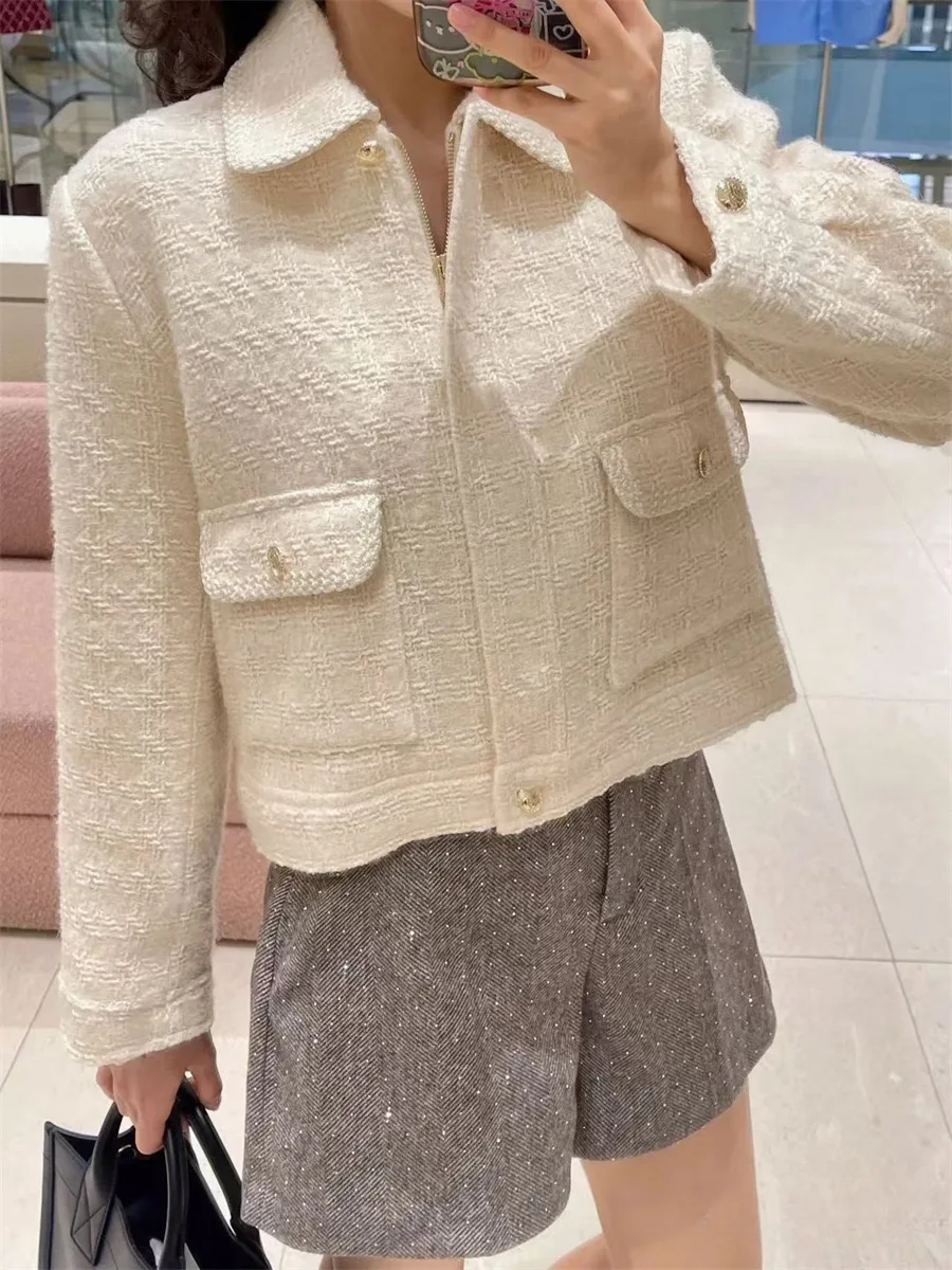 الرجعية محبوك تويد سستة ort دعوى Jaet SD المنزل خريف 2024 معطف بياقة بيضاء مستقيم قطع القطن طويل Sve لون نقي #3