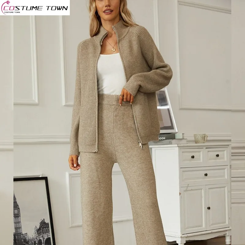 

Autumn and winter new European and American style knitted women's zipper lapel sweater+fashionable wide leg pants two-piece set
