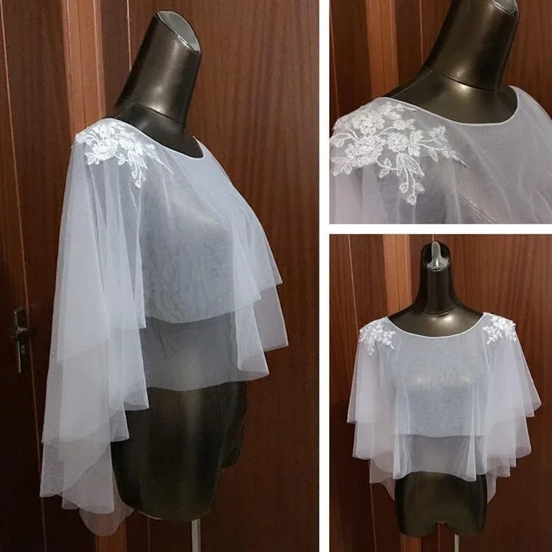 白/アイボリーのチュールのウェディングジャケット,結婚式用の短いショールの形をしたウォレットドレス