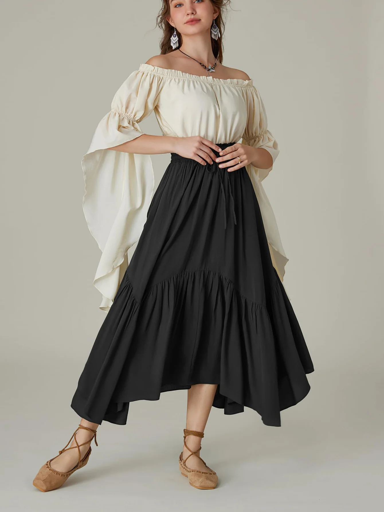 

Women's Black A-Line Midi Skirt Ruffled Hem with Elastic Waistband Perfect for Everyday Outings