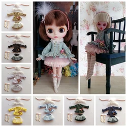 New Exquisite Princess Dress Lace Bubble Skirt Feather Hairband puff sleeve tops Stripe Stockings for blyth licca 1/6 Dolls