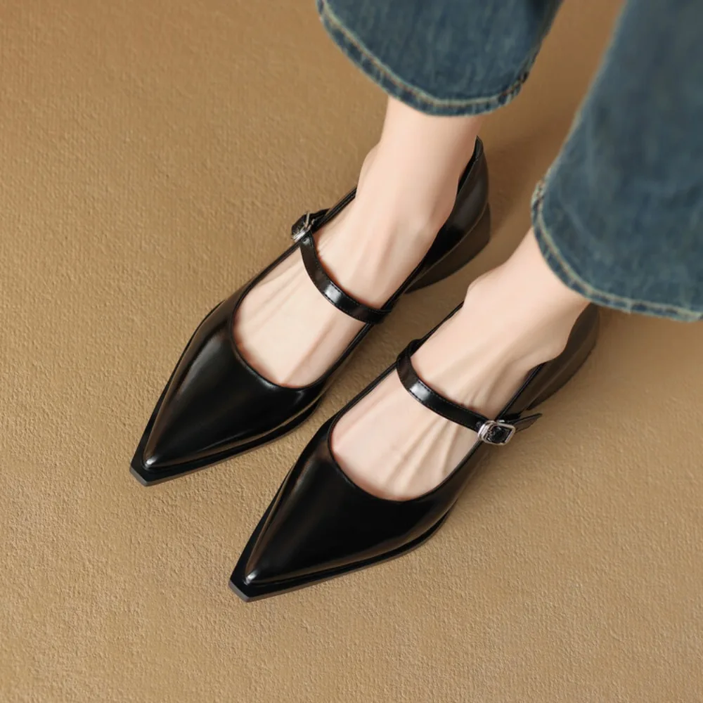 Spring 2024 New Women's Mary Janes Shoes High Quality Leather Low Heel Dress Shoes Pointed Toe Shallow Buckle Strap Women's Shoe