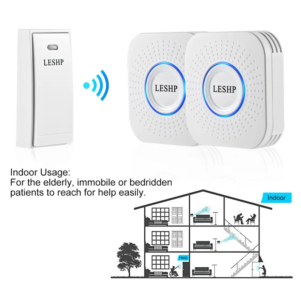 Leshp-campainha sem fio de longa distância, luz noturna de controle remoto, música de acordes com 2 plug US, 150m, 58 pcs