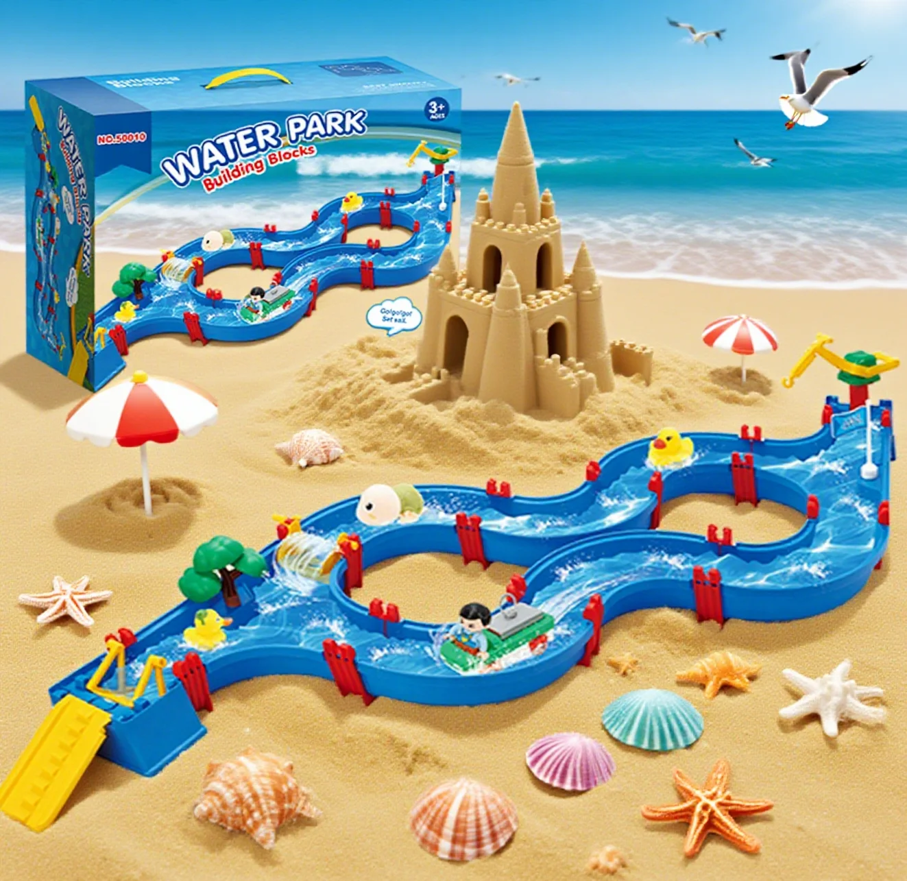 Conjunto de brinquedos para parque aquático infantil, 62 peças, presente de verão, corrediça de água dobrável diy, barco de desenho animado e acessórios de personagens, interação familiar/banheiro de piscina de praia