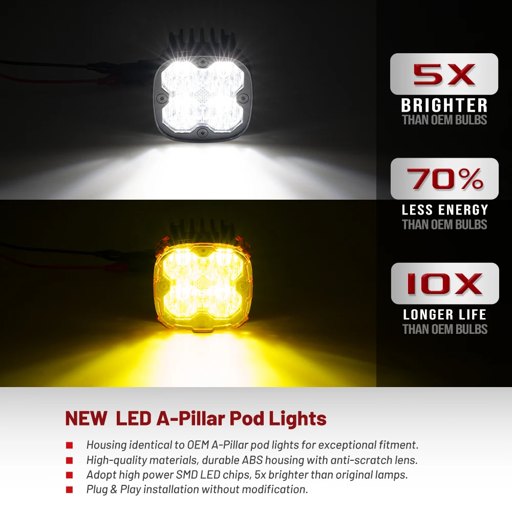 For 2007-2017 Jeep Wrangler JK JKU A-Pillar LED Offroad Driving Pod Auxiliary Lights w/ Windshield Hinge Mounting Brackets