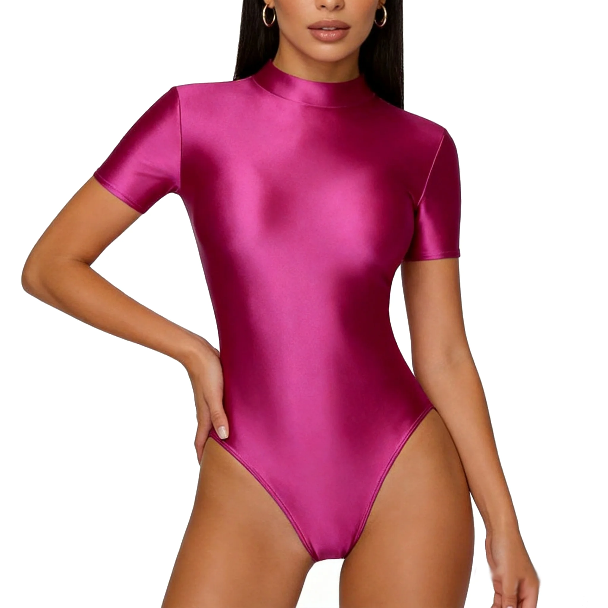 MJINM Satin Glossy Tights Oil Slip Smooth Back Zipper Short Sleeve One Piece Swimsuit Silky Yoga Sportswear Swimwear Leotards