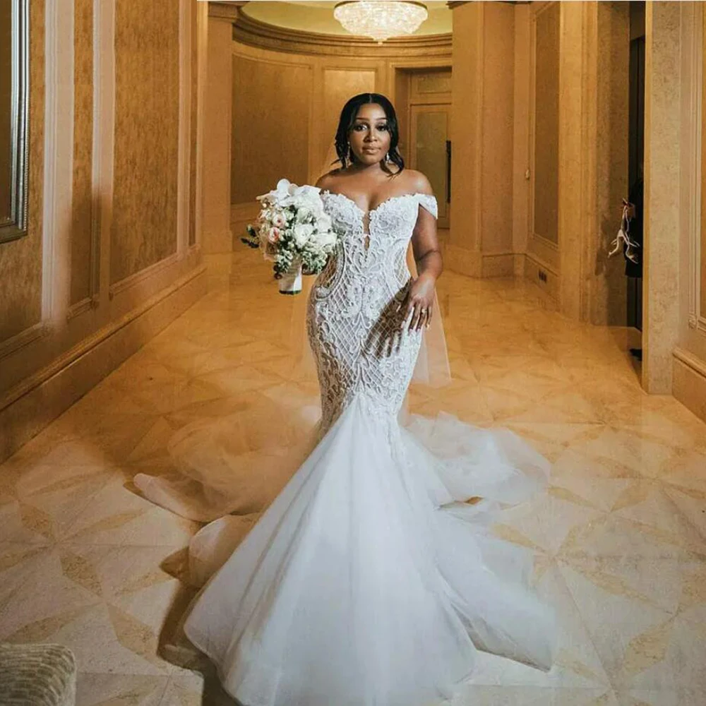 Vestidos de novia elegantes de sirena africana Aso Ebi, vestidos de novia con cuentas de cristales y hombros descubiertos, vestido de novia personalizado con cuello en V