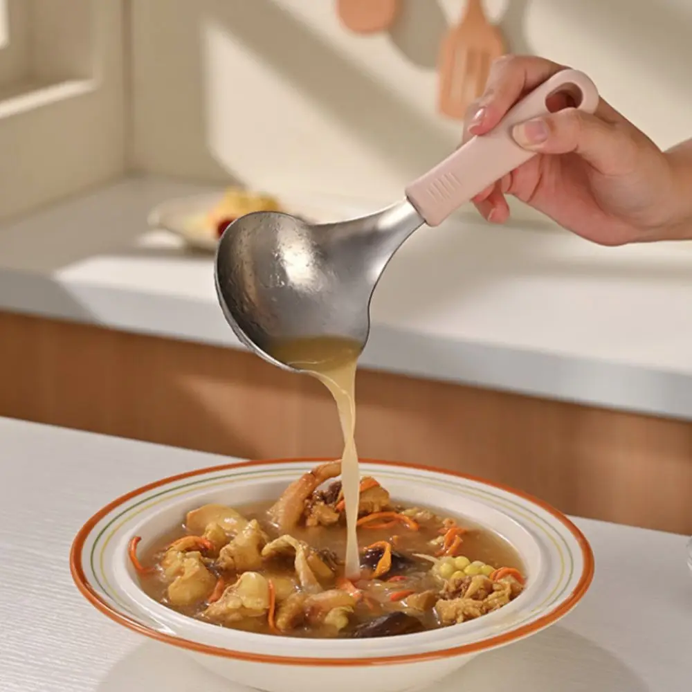 Household With Spoon Rack Korean Soup Spoon Set Silicone Handle Heat-resistant Tablespoon Anti-scalding Hot Pot Spoon Cooking view 5