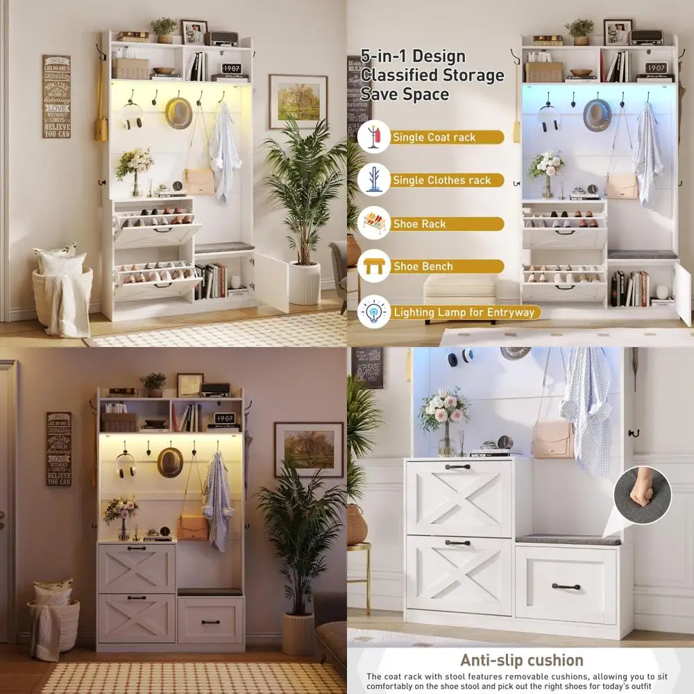 مقعد مدخل لتخزين الأحذية مع رف معطف، وأضواء LED، وشجرة قاعة طويلة 78 تتميز بـ 9 خطافات معطف