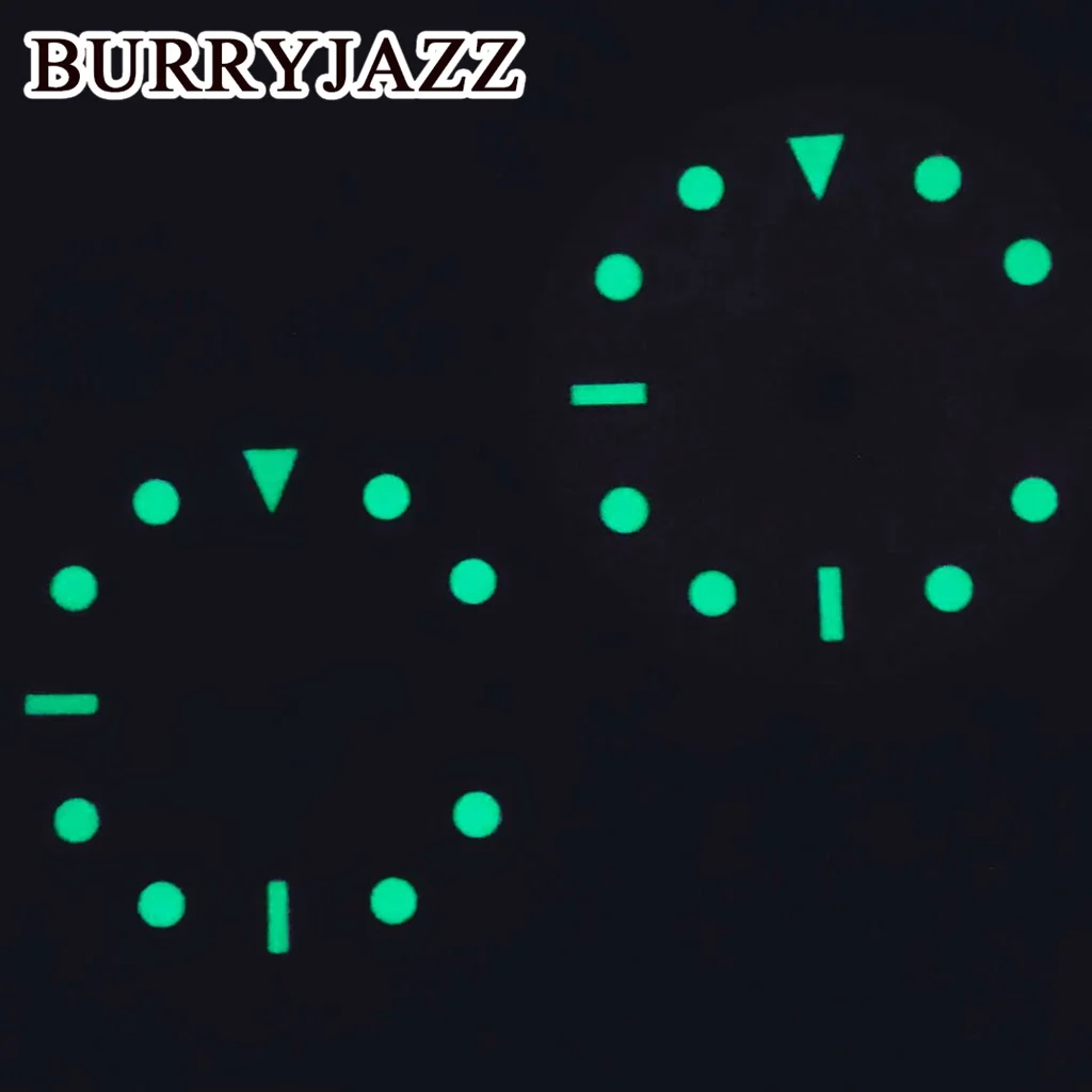 BURRYJAZZ 28.5mm No Logo NH35 Watch Dials Green Blue White Dial Green Luminous Fit 3 O'clock 3.8 O'clock Case Crown