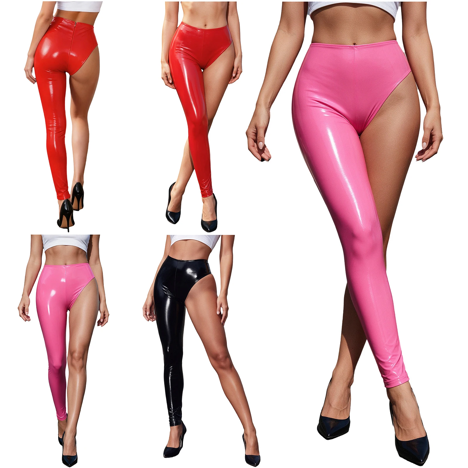 Women Shiny PU Leather PVC Pants Slim Leggings Latex Stretchy High Waist Bodycon Pants Summer Skinny Single-leg Pants Trousers