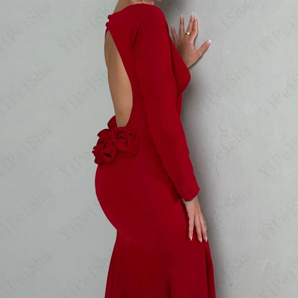 Customized A-Line Prom Dresses Floor-Length O-Neck Full Sleeve Evening Gown Fashion Backless Flowers Simple Draped Party Gown