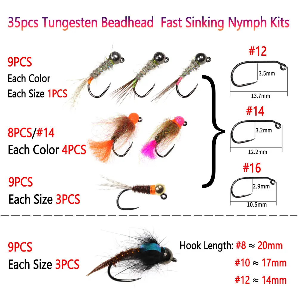 Bimoo 35pcs/box  Fast Sinking Tungsten Beadhead Euro Nymphs Kit Barbless Jig Nymph Flies For Trout Fishing Lures Baits #8~#16