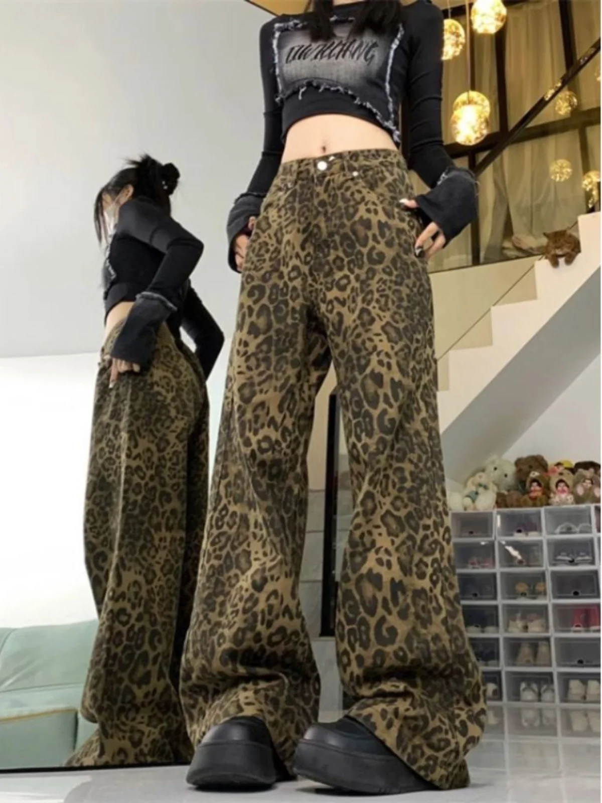 Calças Jeans de Perna Larga com Estampa de Leopardo Retro Americana, Cintura Alta, Ajuste Solto, Crimento até o Chão para ...