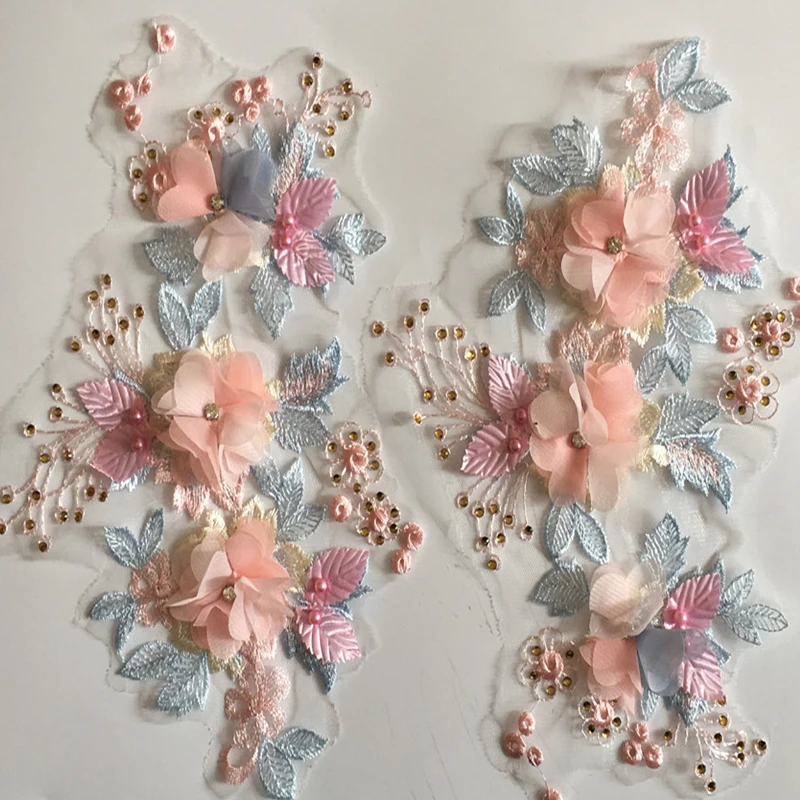 1 Pair Pink 3D Flower Rhinestone Beads Embroidery Patch Fabric Sewing For Wedding Decoration Dress DIY Repair
