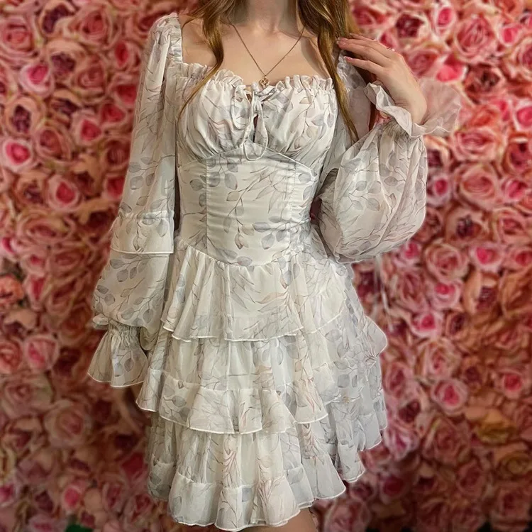 Modna, dopasowana sukienka damska z nadrukiem, obcisła, z kwadratowym dekoltem, z długim rękawem, mini, elegancka, z wysokim stanem, plisowana sukienka damska.