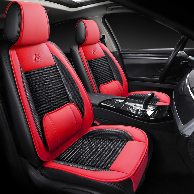 

2pcs Premium Napa Leather+Jacquard Fabric Car Seat Cover with Lumbar Support Soft Breathable Comfortable for All Seasons