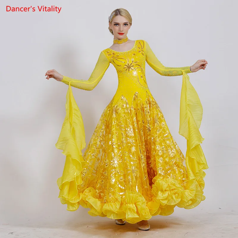 Ballroom Dance Dress 2019 New Luxury Sequins Embroidery Big Swing Dresses Women Latin Waltz Tango Dance Performance Costumes