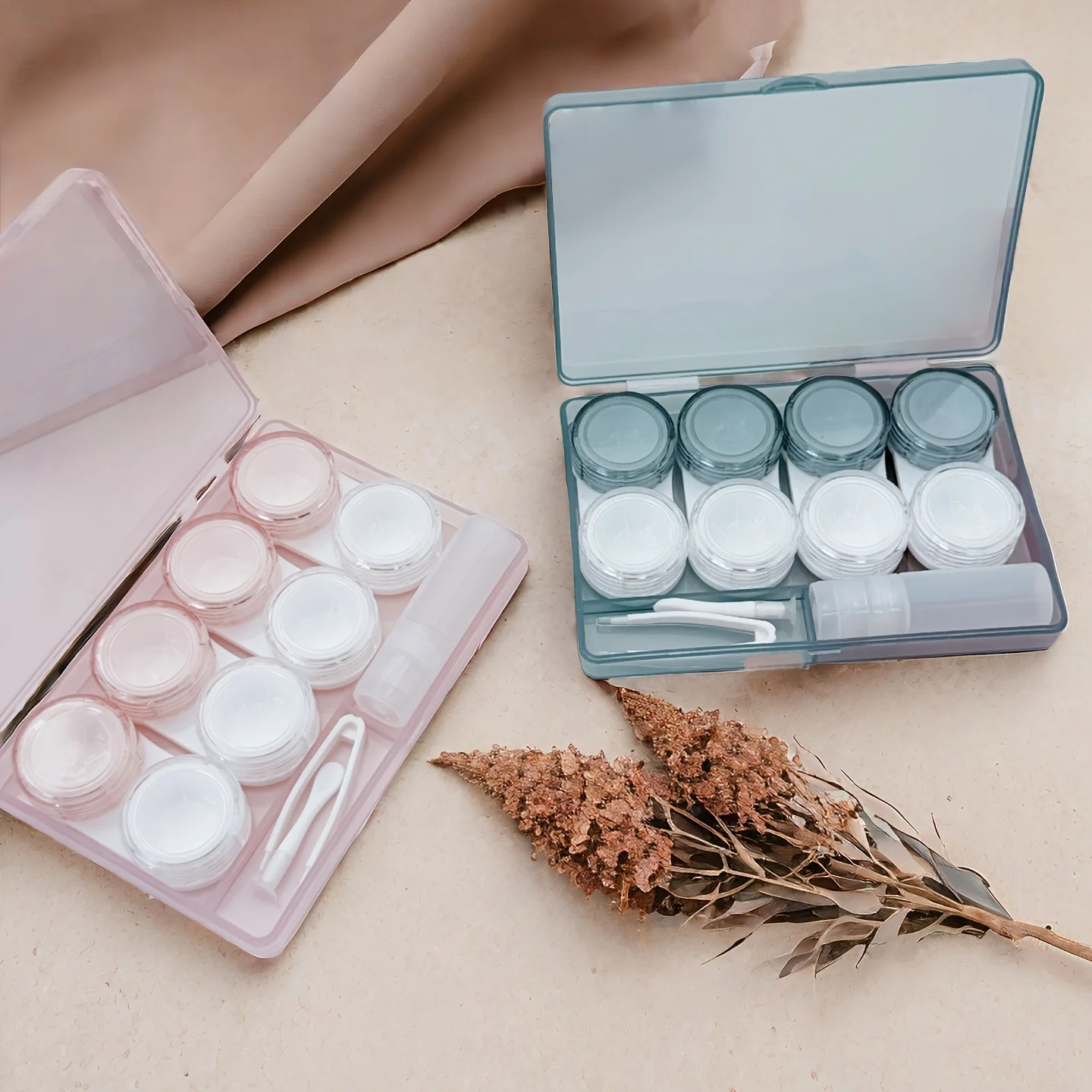 4 pares de estuches para lentes de contacto con diseño de flor de cerezo, estuche azul para lentes cosméticas, set de viaje portátil, estuche para gafas, estuche para guardar lentes