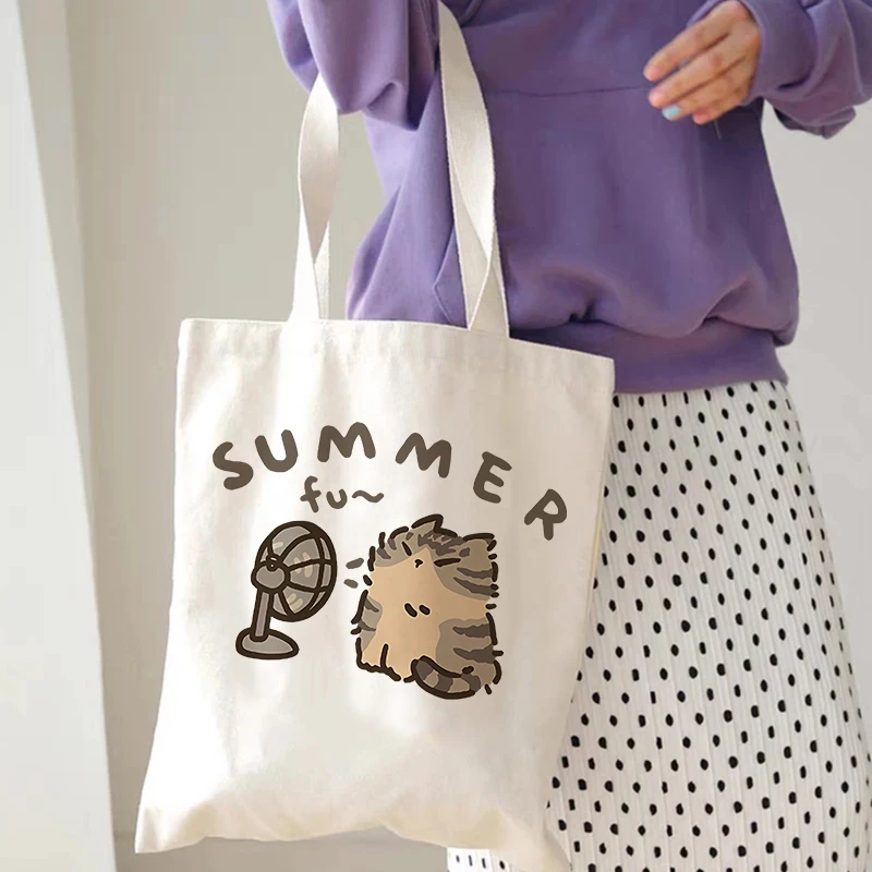 Sommer Fan Katze Einkaufstasche Grafik Tote Harajuku Shopper Tasche Frauen Leinwand Umhängetasche Eco Große-kapazität