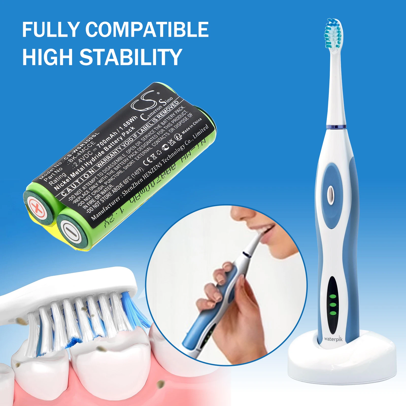 

Toothbrush Battery For Waterpik:BK-4MCCE,Sensonic Plus SR-3000,Sensonic Plus SR-3000E,900 Sonic Toothbrush,700mAh / 1.68Wh-2.40V