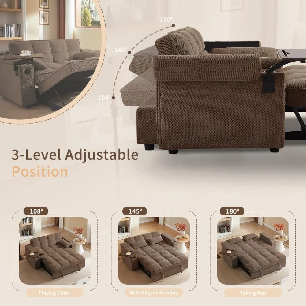 Диван-кровать-трансформер 65 с регулируемой спинкой, шезлонг, приставной столик, портами USB/Type-C — стильное функциональное пространство