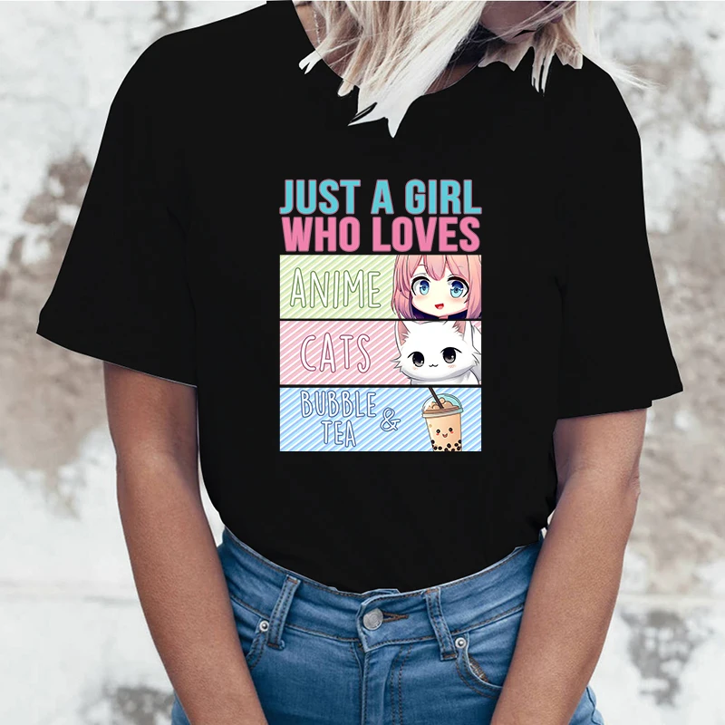 Just A Girl Who Loves Anime Cats Boba T-Shirt Women T Shirt Cosplay Clothes Streetwear Tee Shirt Plus Size Tops