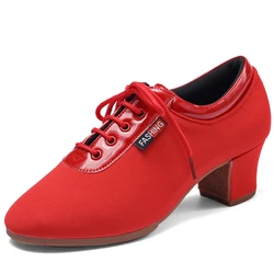 Zapatos de baile de salón para hombre y mujer, zapatos de baile latino, tacones de 5CM, zapatillas de deporte de entrenamiento informales negras/Rojas, Jazz y Salsa