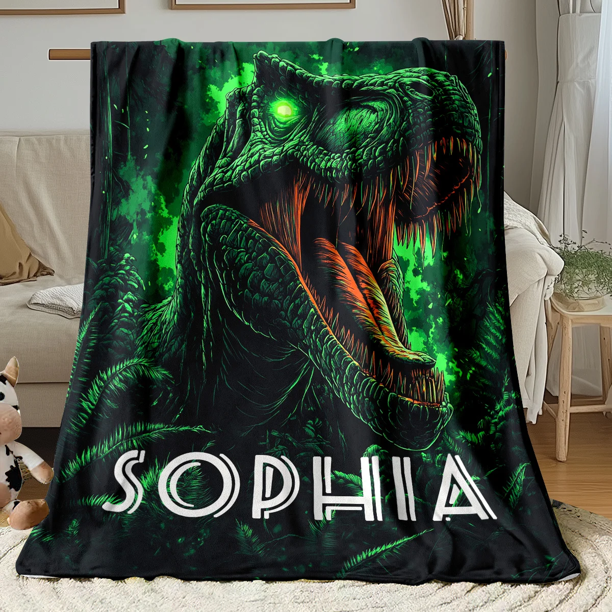 Grüne Dinosaurier-Flanelldecke mit individuellem Namen, weicher, warmer Überwurf für Sofa, Bett, Camping und leichter Ganzjahreskomfort