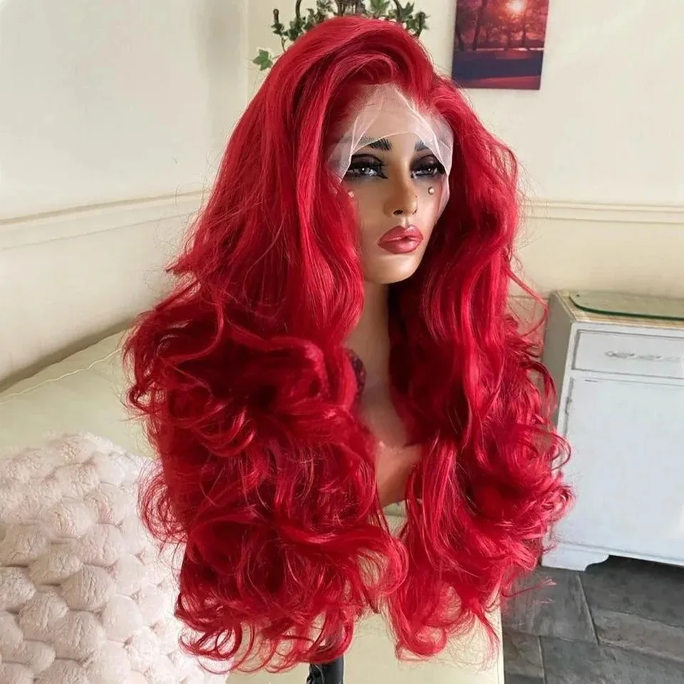 Quente vermelho/loiro/marrom peruca onda do corpo perucas frontais do laço 13x4 hd peruca do laço sintético de alta qualidade resistente ao calor cosplay para wemon