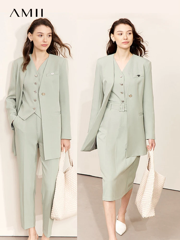 AMII Minimalism Jacket Women Suits Outfits 2023 Spring New Environment-friendly Recycled Fabric Business Blazers Pants 12341163