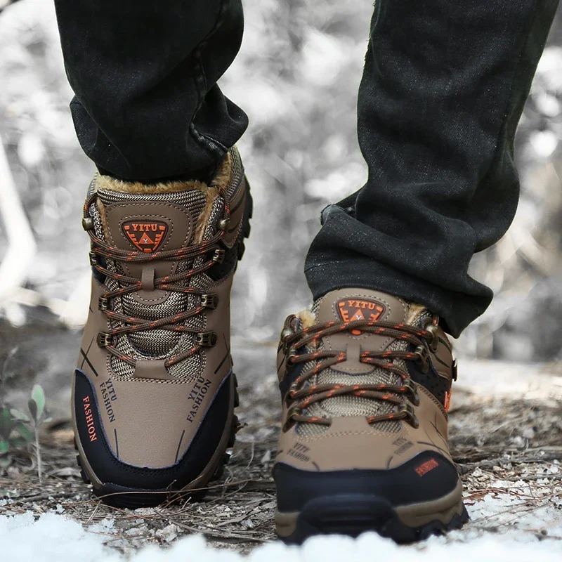 

High-top Boots Men Outdoor Anti-slip Lace-up Plush Soft Durable Casual Hiking Shoes Men Breathable Comfortable Ankle Boots Men