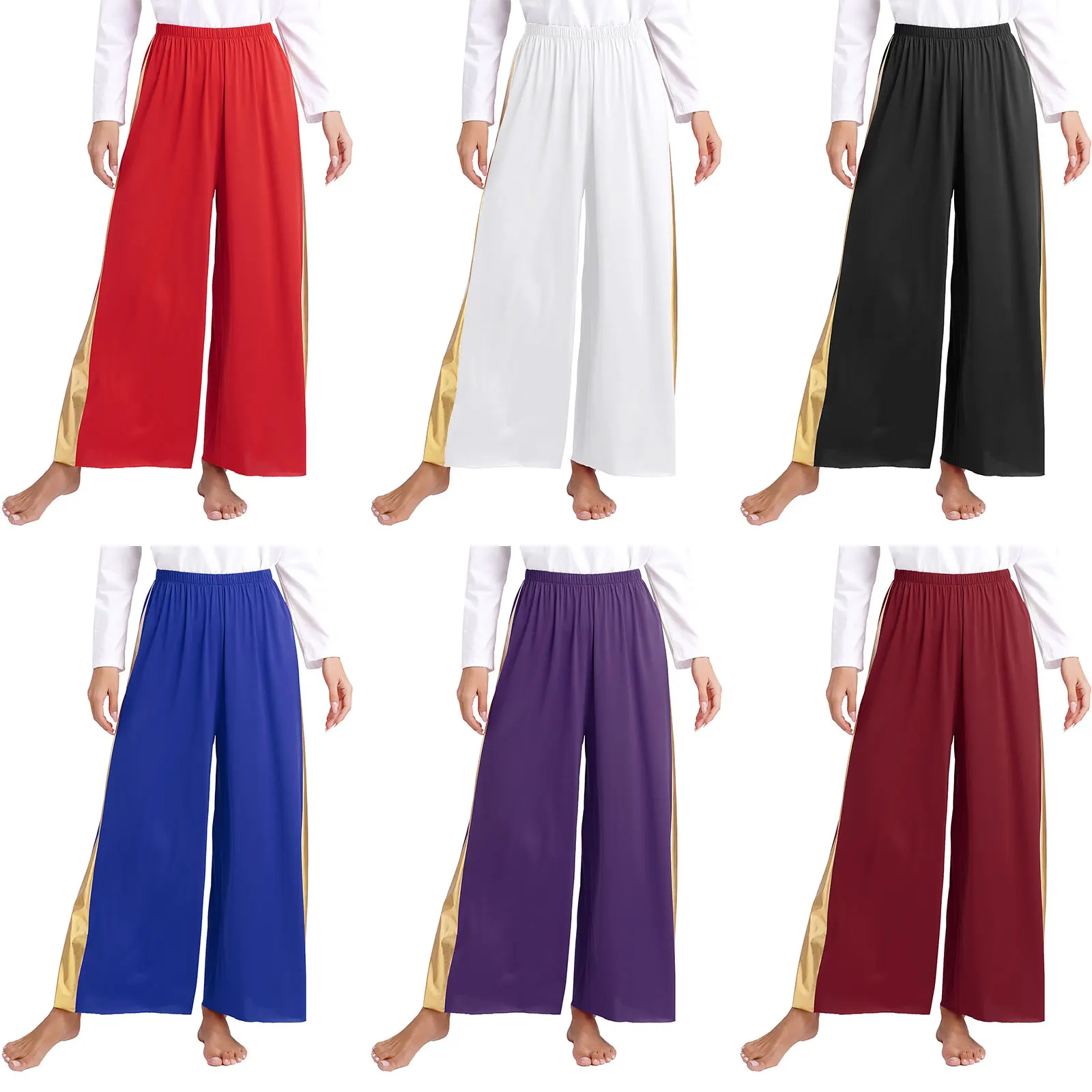 Women Dancewear Dancing Bottoms Praise Dance Palazzo Pants Metallic Patchwork Wide-Leg Trousers for Liturgical Worship Dance