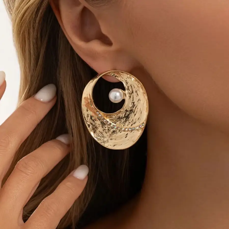 IngeSight.Z Exaggerated Inlay Imitation Pearl Large Stud Earrings for Women Retro Gold Color Hollow Geometry Earring Jewelry New