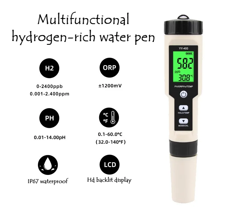 Stylo de test YY-400 riche en hydrogène Stylo de test de potentiel négatif Stylo de test multifonctionnel de la qualité de l'eau Piscine incl PH/H2/ORP/TEMP