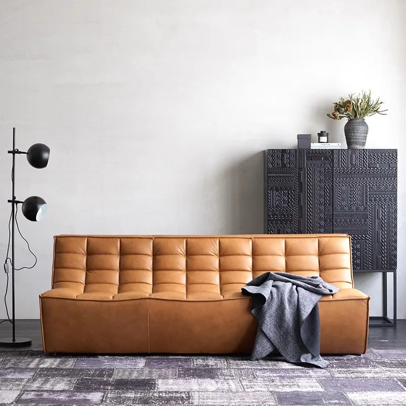 Leren bank, eerste laag koeienhuid klein appartement woonkamer oude retro olie wax leer middeleeuwse Nanyang wind rechte rij