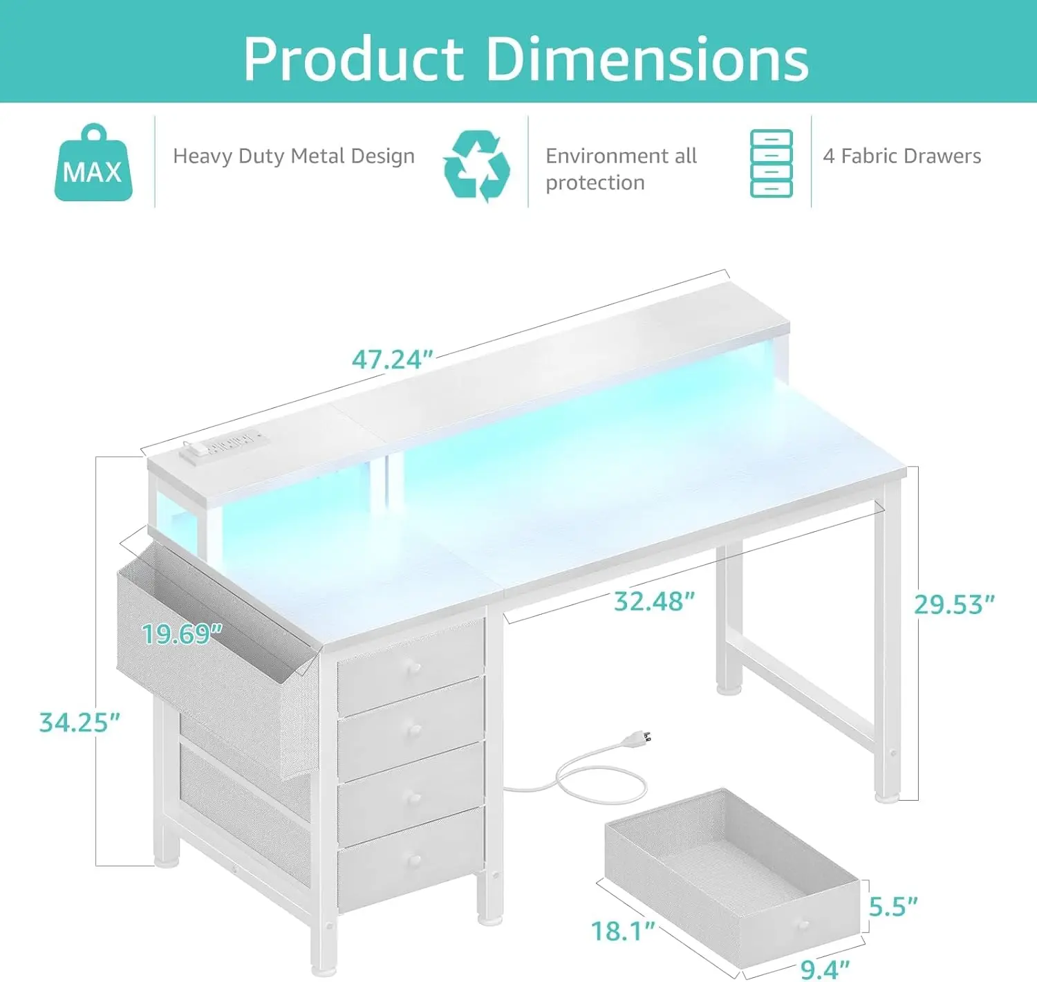 Wit bureau met 4 lades - 47 inch gamingbureau met monitorstandaard, computergamingbureau met LED-verlichting stopcontacten