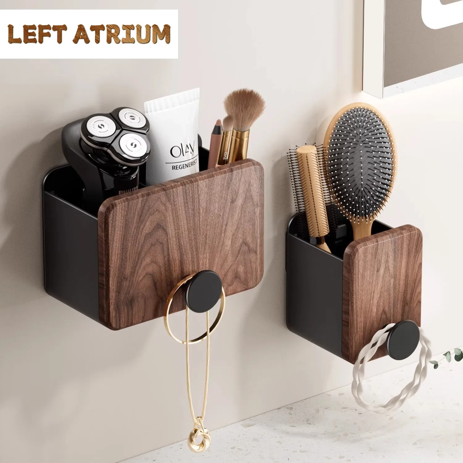 Walnut bathroom organizer shelf for combs,perfect for toiletries like toothpaste, razors, and makeup brushes.