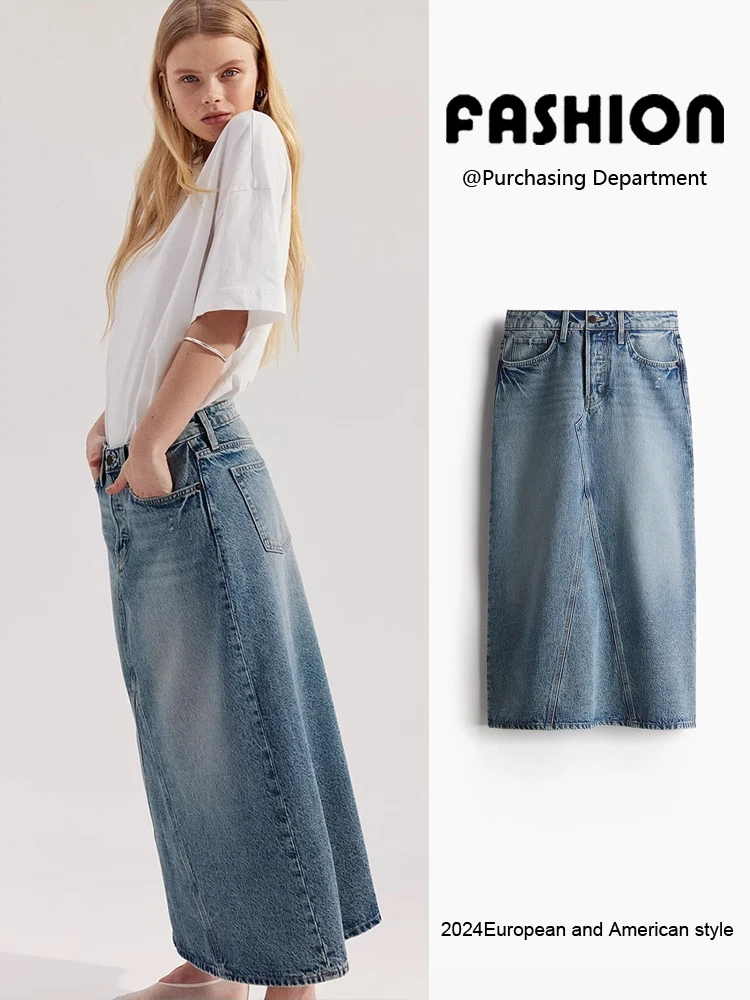 Fashionable A-Line Denim  Skirt for Women Summer New Arrival Casual High Waist Midi Length for Party Pure Color ZA2025