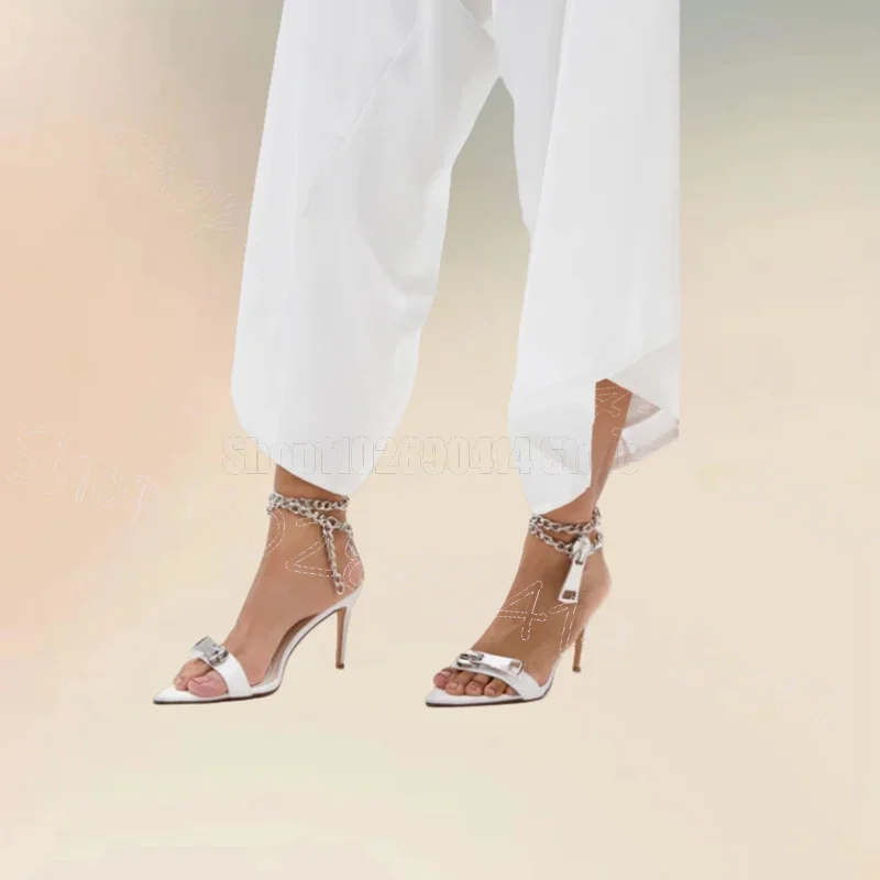 

Metal Zipper Chain White Open Toe Sandals Buckle Strap Women Shoes Thin High Heels Fashion Party Feast 2025 Zapatos Para Mujere