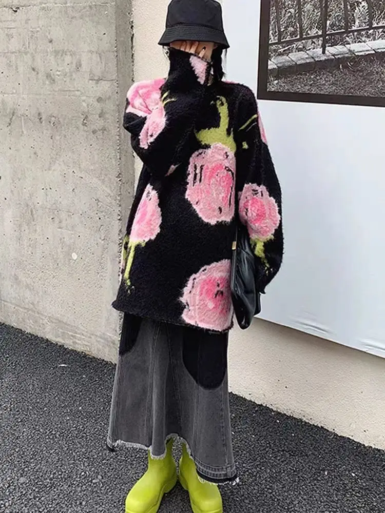 سترة كورية فضفاضة بنمط الورد للنساء لخريف وشتاء جديد طويل متماسك نمط كسول بأكمام طويلة #2