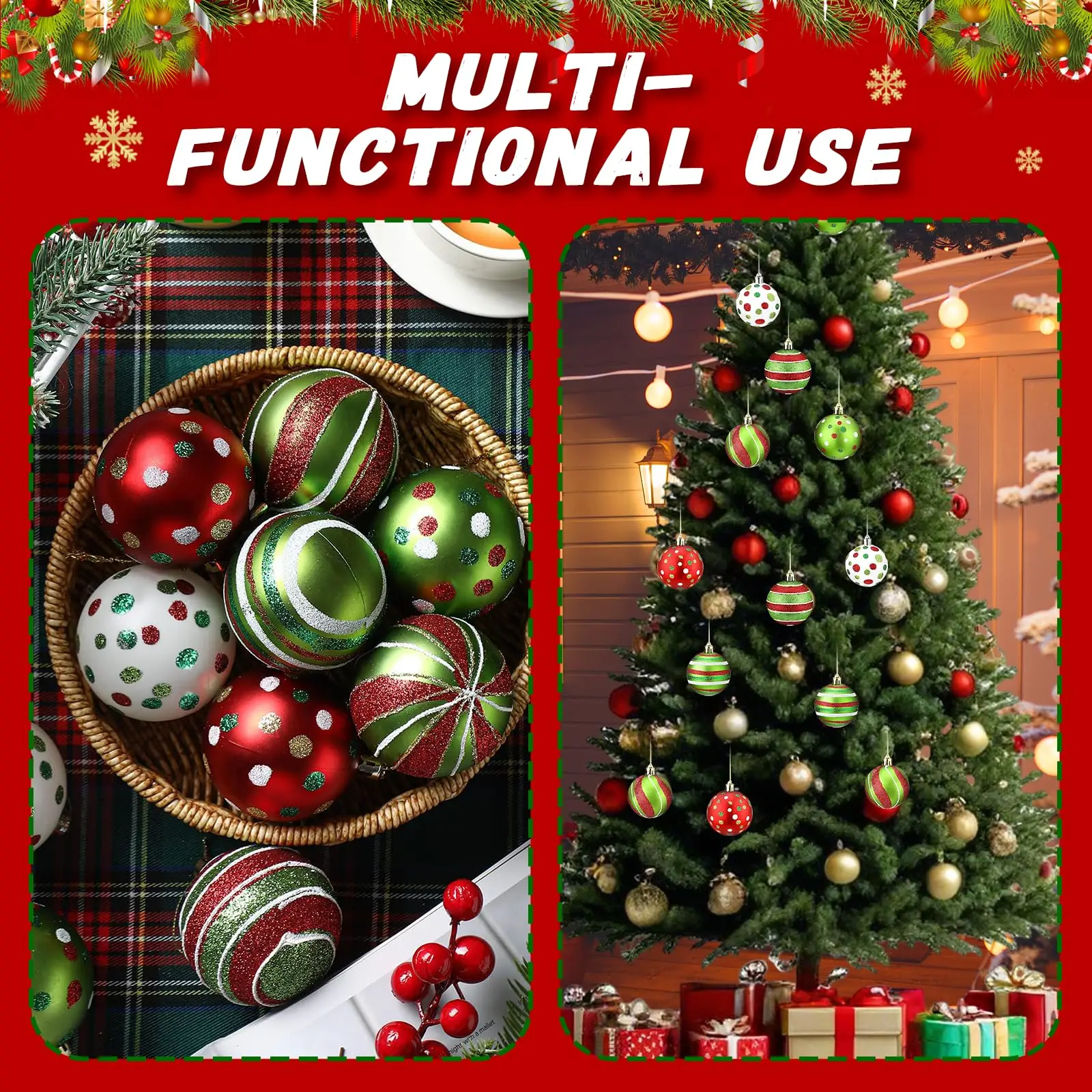 12개 크리스마스 볼 장식품 트리 장식 2.4인치 빨강 초록 색상 매달리는 크리스마스 트리 장식품 반짝이는 플라스틱 크리스마스 볼
