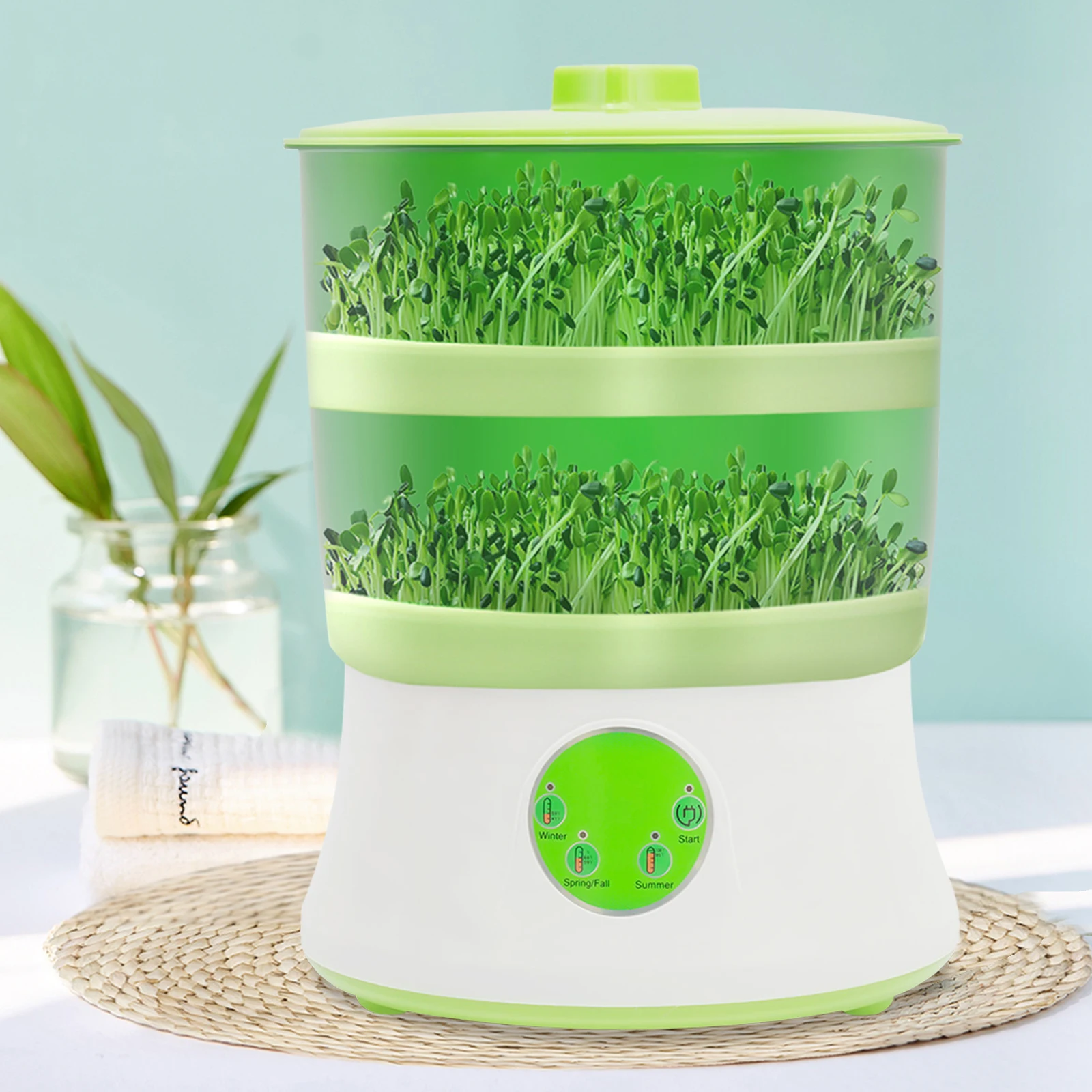 2 Layers Intelligent Automatic Bean Sprouts Maker Machine 110V Bean Sprouts Growing kit with 360° Sprinkler & 3 Seasonal Modes
