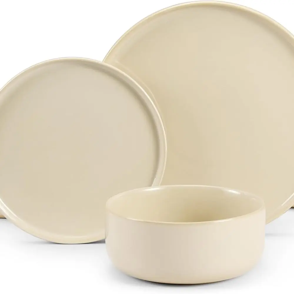 

Dinnerware Set, 12 Piece, by , Ceramic 10.5” Dinner Plates, 8.2” Salad Plates and 25 oz Soup Bowls, Stoneware, Microwave and Dis