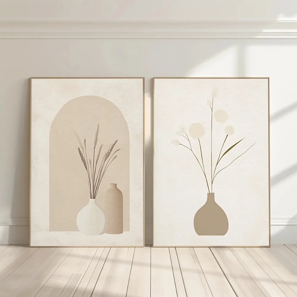 2pcs Frameless,Minimalist Style Art Neutral Plant Poster,Modern Living Room Wall Decor,Beige and Brown Aesthetic Painting Decor
