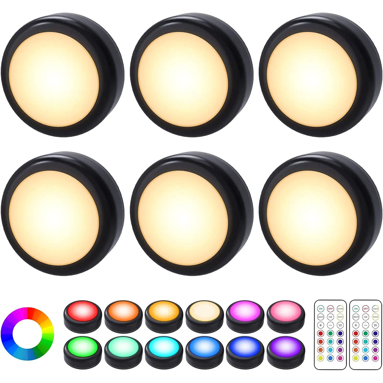 JGT 1-6Pcs RGBW LED Puck Nacht Lichter Fernbedienung Dimmbare Unter Schrank Licht Batterie Betrieben Drahtlose Push Lampe küche Schrank 3