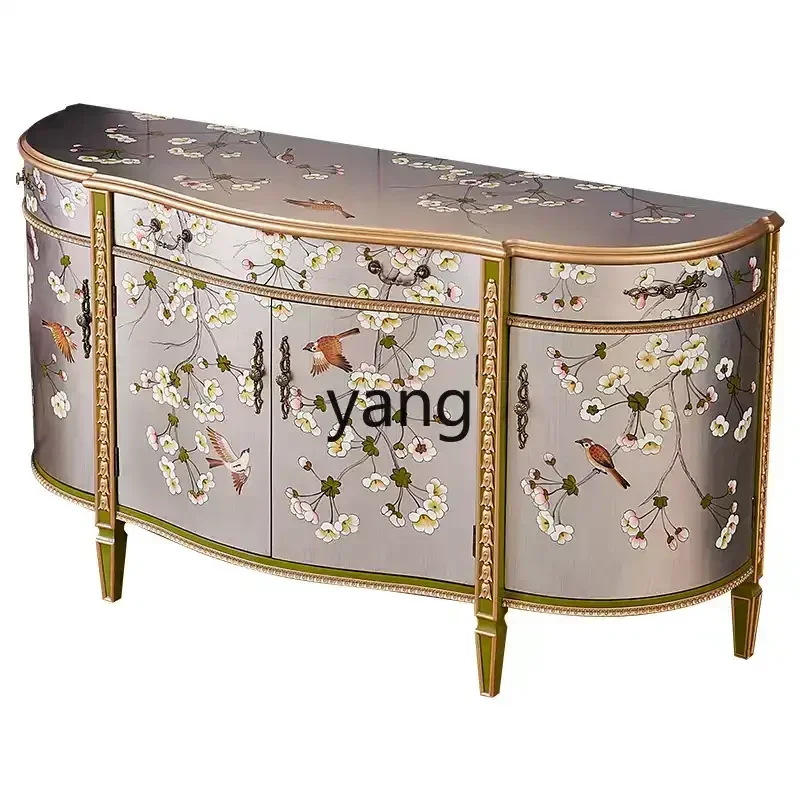 Ltt painted flower and bird silver home solid wood semicircular villa new Chinese entrance decorative cabinet