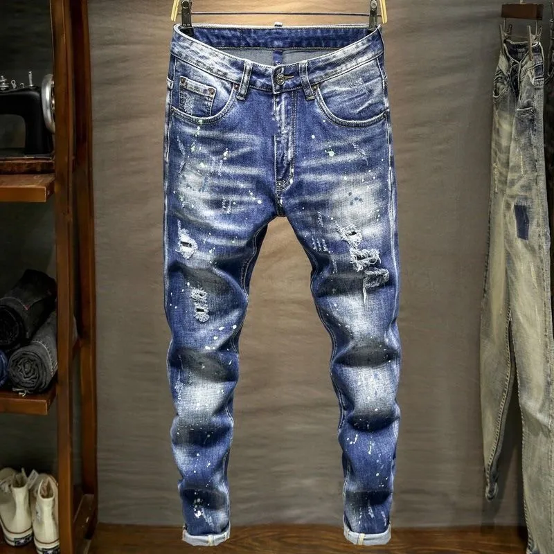 Spring and Autumn New Fashion Trend Ripped Retro Straight Leg Blue Jeans Men's Casual Loose Comfortable Breathable Denim Pants
