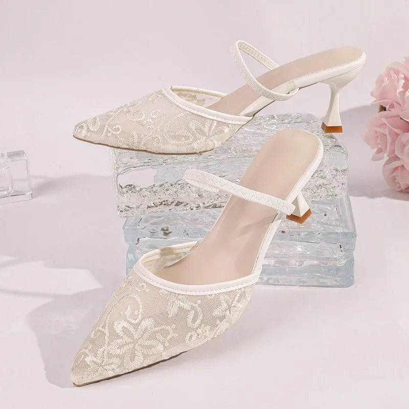 New Women's Shoes Shallow Mouth Embroidered Mesh Bread Toe Pointed Toe Slip-on Stiletto Slippers